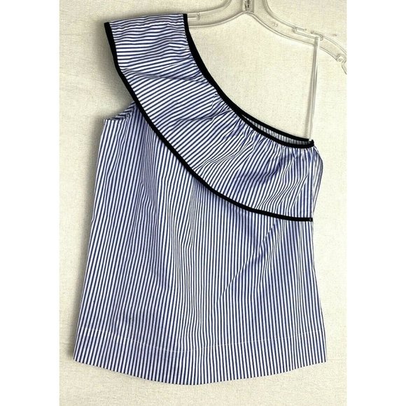 J. Crew Factory One Shoulder Top Stripe J0838 $54.50 Cotton Blend Blue White, 00 - Picture 1 of 12